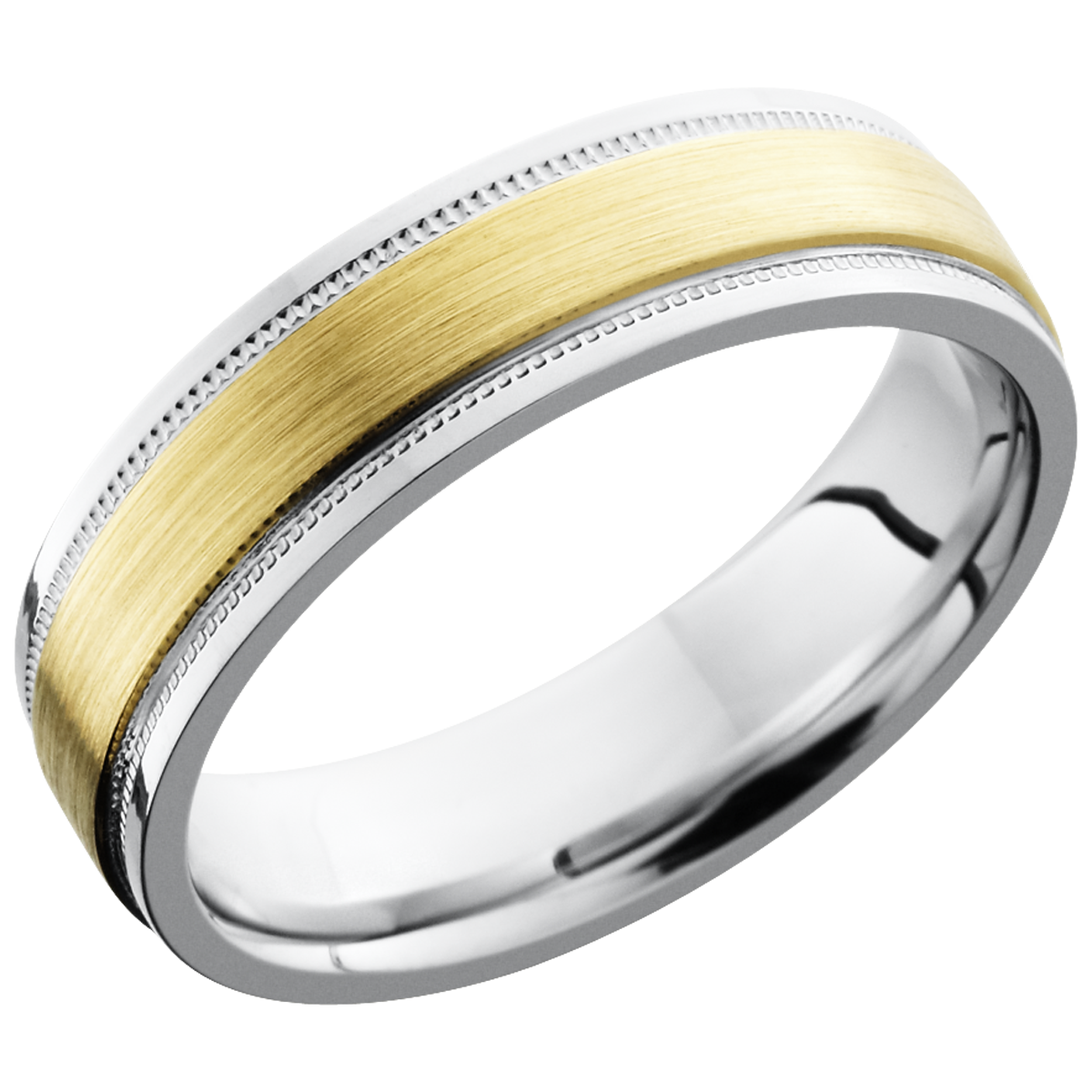 Titanium 6mm flat band with grooved edges and an inlay of 14K yellow gold with reverse milgrain detail on either side