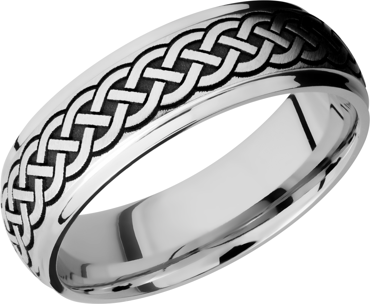 Titanium 7mm domed band with grooved edges and a laser-carved celtic pattern