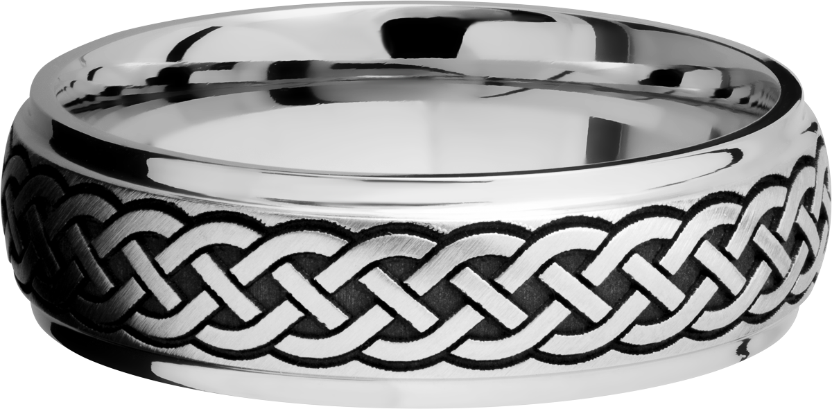 Titanium 7mm domed band with grooved edges and a laser-carved celtic pattern