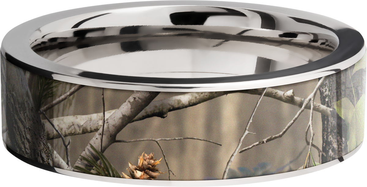 Titanium 7mm flat band with a 6mm inlay of Real Tree APG Camo