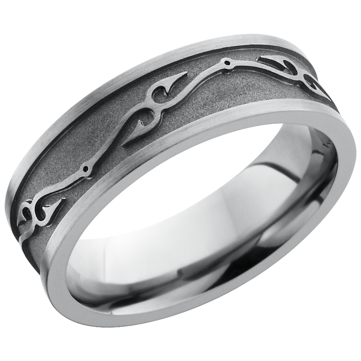 Titanium 7mm flat band with a laser-carved fishhook pattern