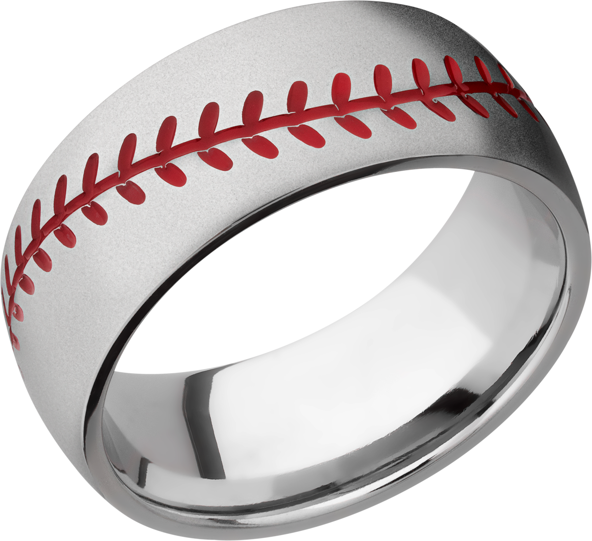 Titanium 8mm domed band with a laser-carved baseball stitching pattern and Cerakote in the pattern recesses