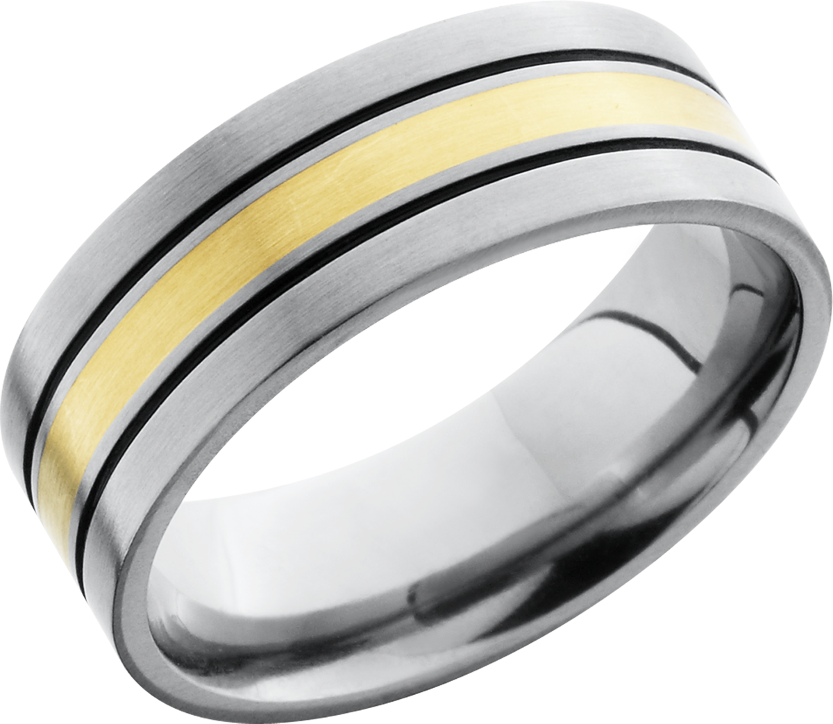 Titanium 8mm flat band with an inlay of 14K yellow gold and Cerakote filled grooves on either side