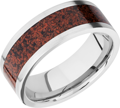 Titanium 8mm flat band with a mosaic inlay of red dinosaur bone