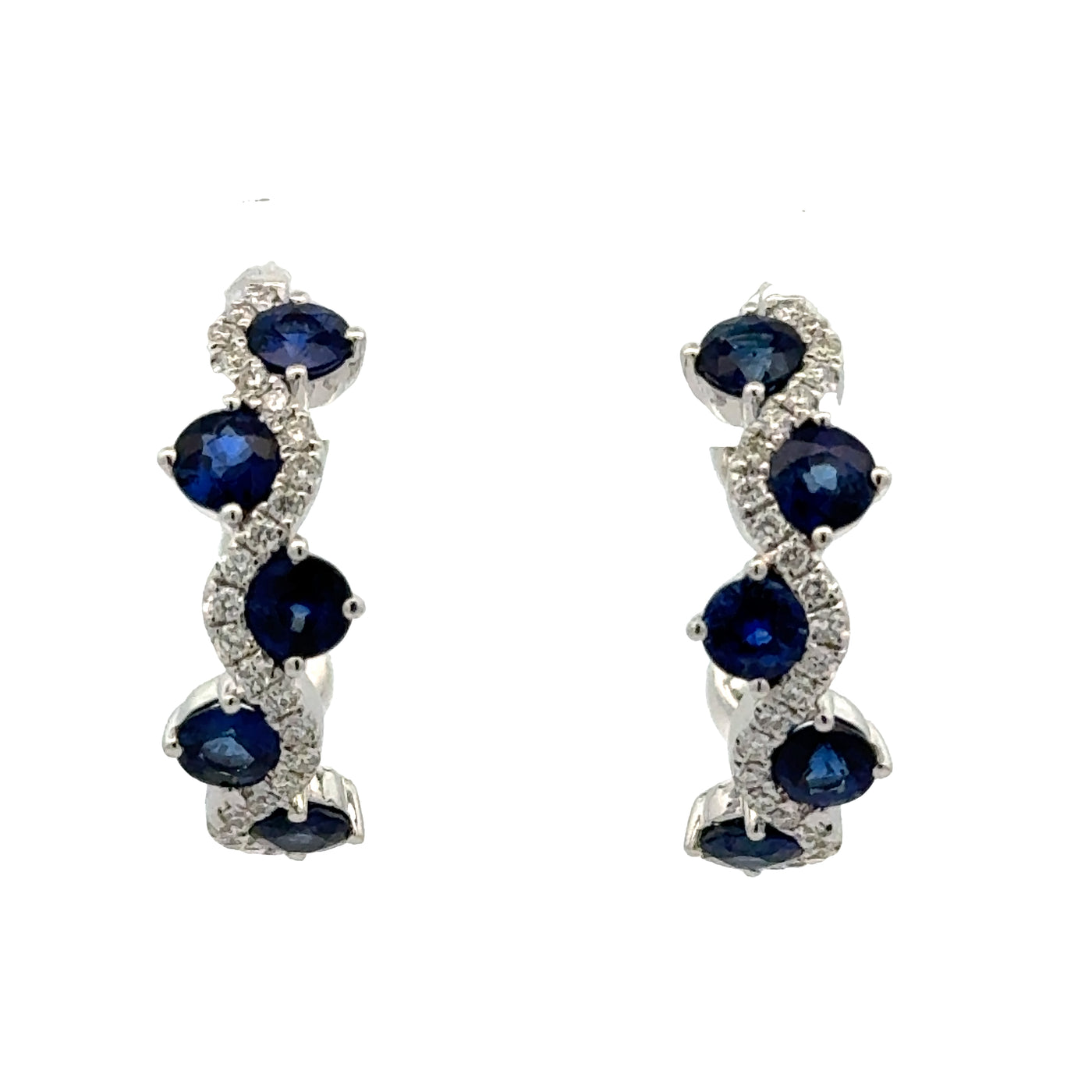 14 Karat White Gold Diamond and Blue Sapphire Hoop Earrings