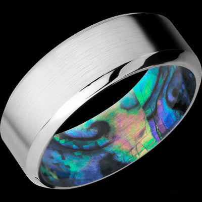 8 mm wide High Bevel Cobalt Chrome band featuring a Abalone sleeve.
