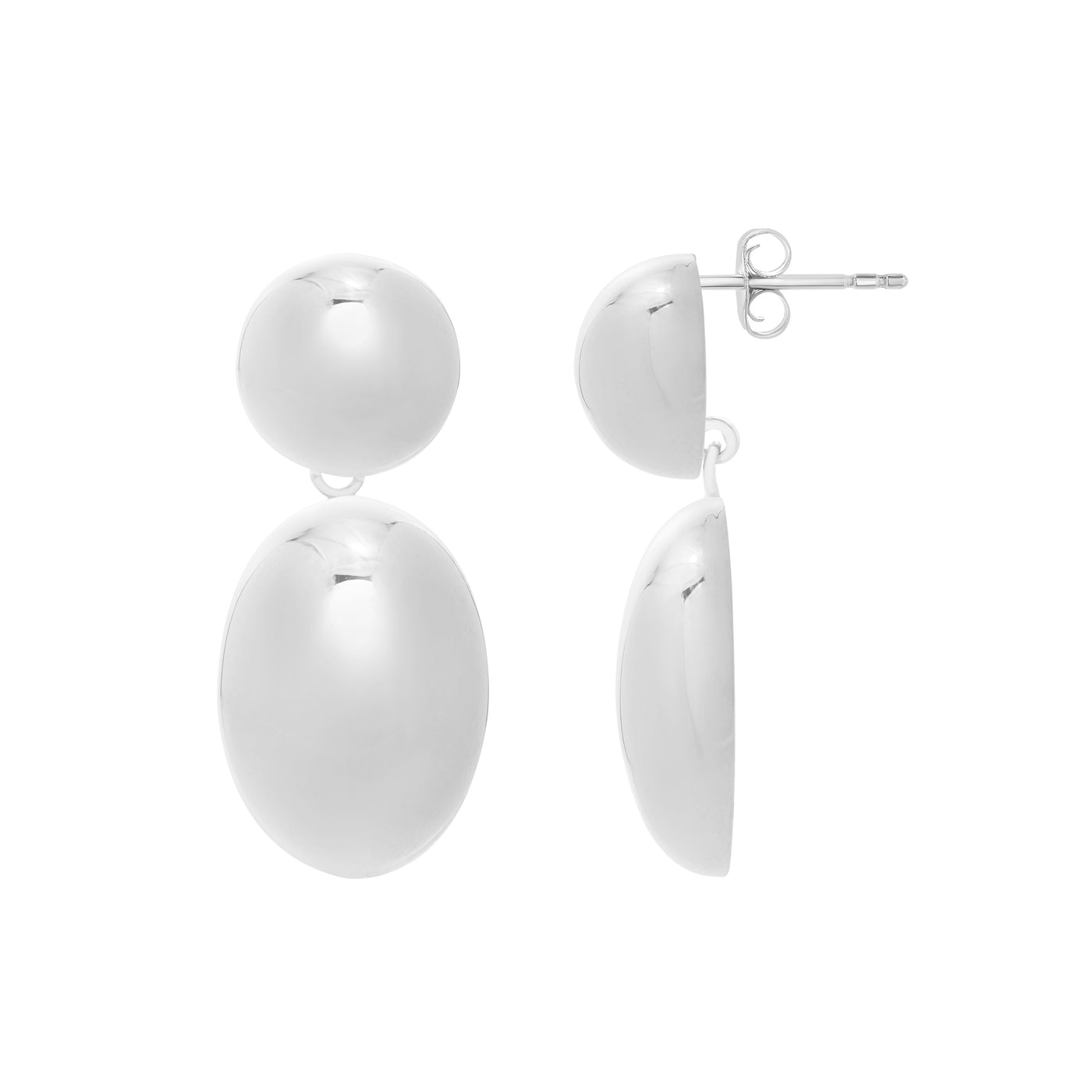 Silver Puffed Oval Button Drop Earrings