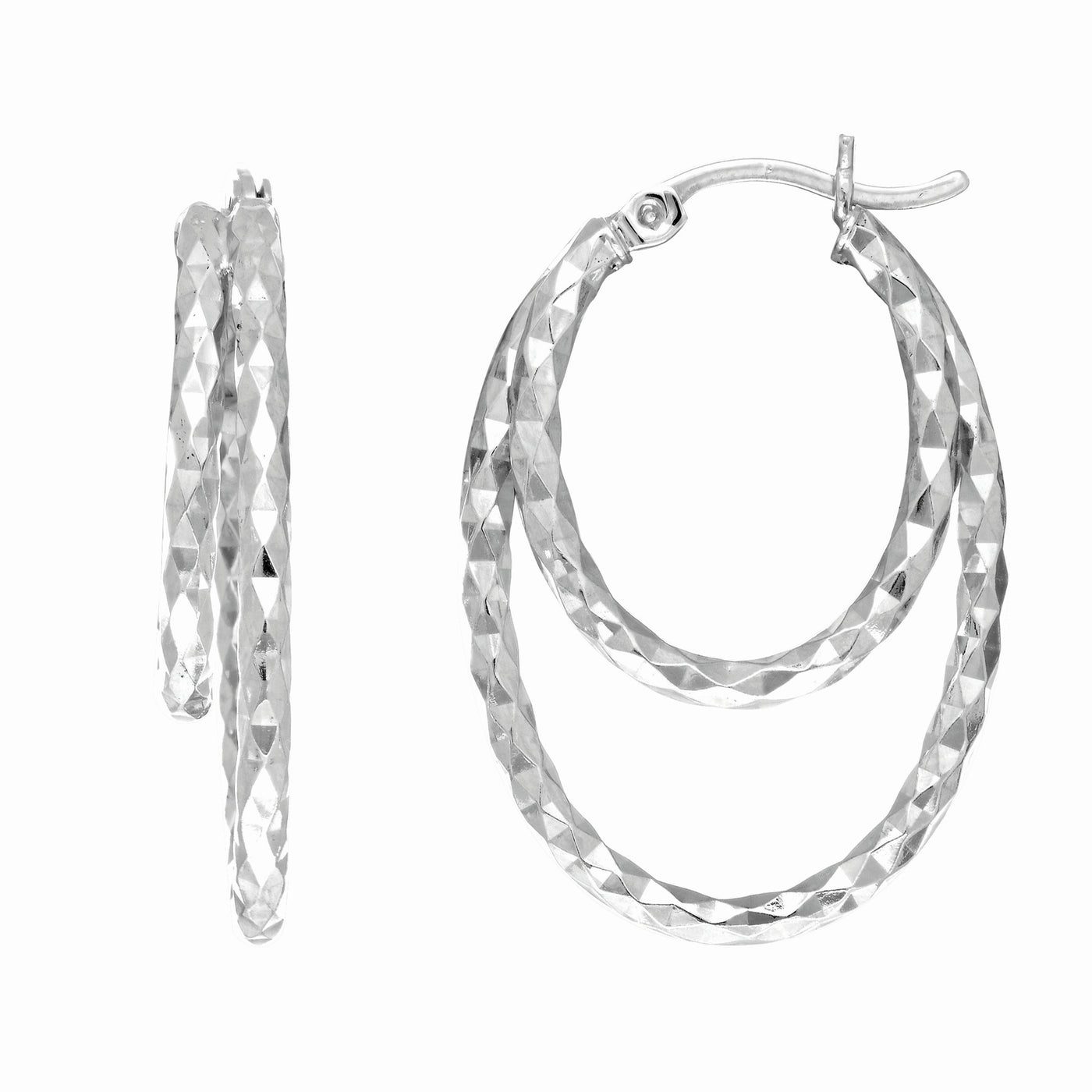 Silver Double Diamond Cut Hoop Earring