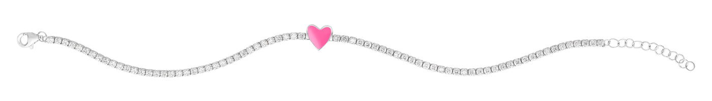 Silver Pink Enamel Heart CZ Bracelet