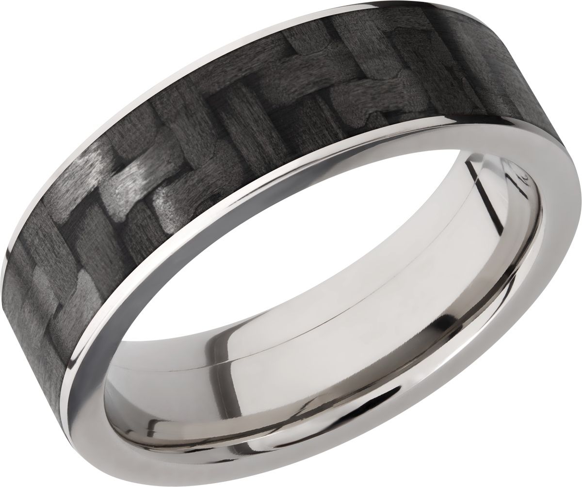 Titanium 7mm flat band with a 6mm inlay of black Carbon Fiber