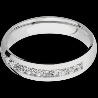 5 mm wide/Domed/Cobalt Chrome band with a Half Eternity arrangement of .07 carat Round Diamond stones in a Channel setting.