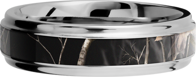 Cobalt chrome 6mm flat band with grooved edges and a 3mm inlay of Realtree APC Black Camo