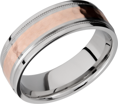 Cobalt chrome 7.5mm flat band with grooved edges and reverse milgrain detail and inlay of 14K rose gold