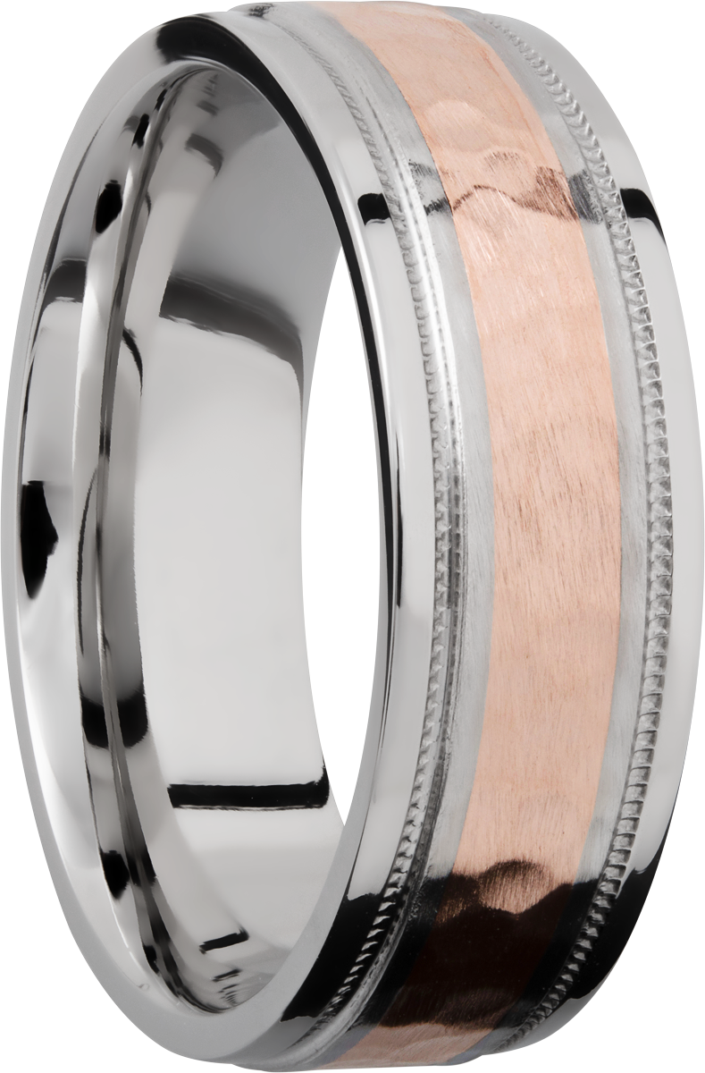 Cobalt chrome 7.5mm flat band with grooved edges and reverse milgrain detail and inlay of 14K rose gold