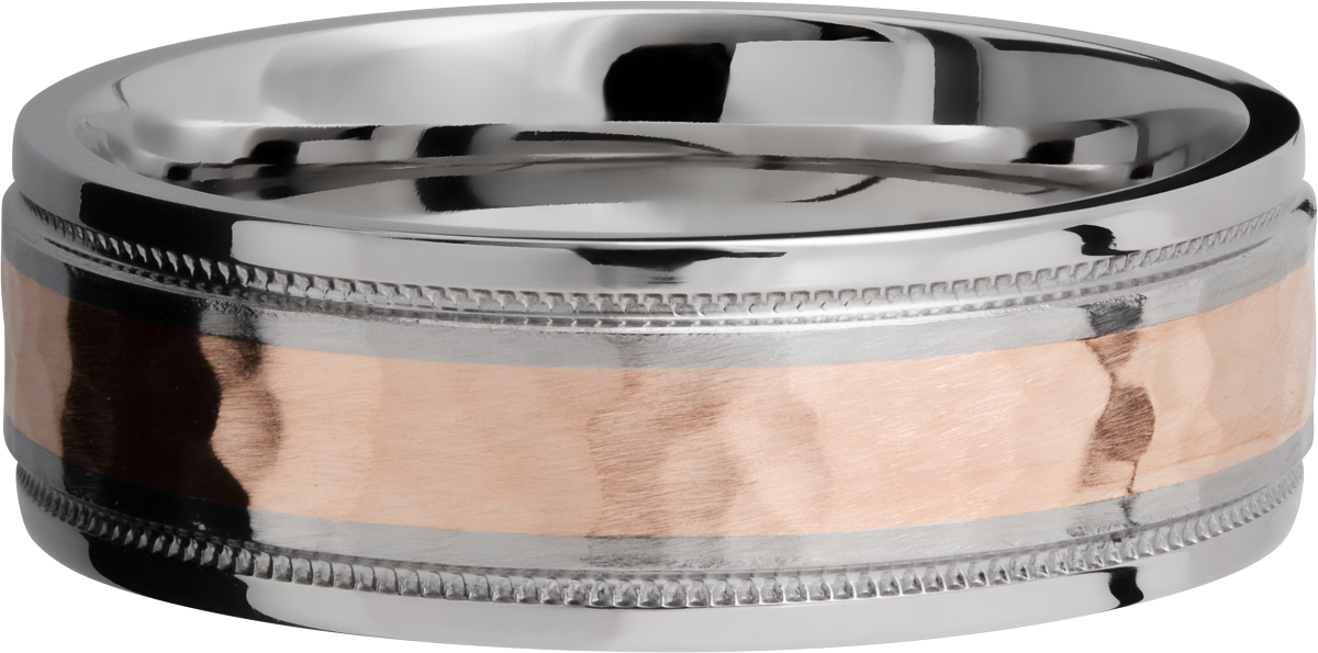 Cobalt chrome 7.5mm flat band with grooved edges and reverse milgrain detail and inlay of 14K rose gold