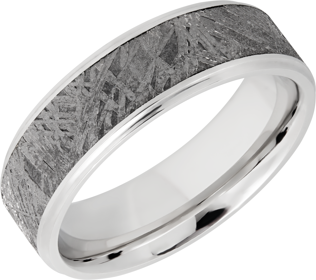 Cobalt chrome 7mm beveled band with an inlay of authentic Gibeon Meteorite