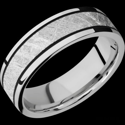 7 mm wide/Flat/Cobalt Chrome band with one 4 mm Centered inlay of Meteorite.