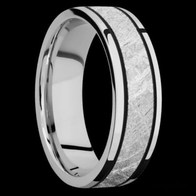 7 mm wide/Flat/Cobalt Chrome band with one 4 mm Centered inlay of Meteorite.