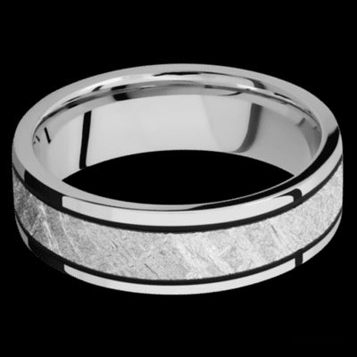 7 mm wide/Flat/Cobalt Chrome band with one 4 mm Centered inlay of Meteorite.