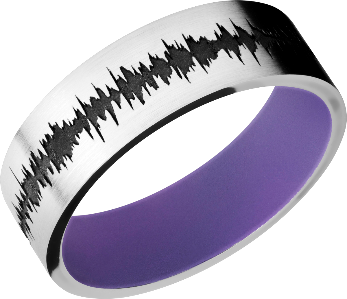 Cobalt chrome 7mm flat band with a laser-carved personalized soundwave and a Bright Purple Cerakote Sleeve