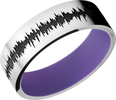 Cobalt chrome 7mm flat band with a laser-carved personalized soundwave and a Bright Purple Cerakote Sleeve