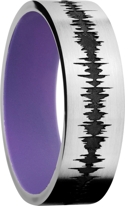 Cobalt chrome 7mm flat band with a laser-carved personalized soundwave and a Bright Purple Cerakote Sleeve