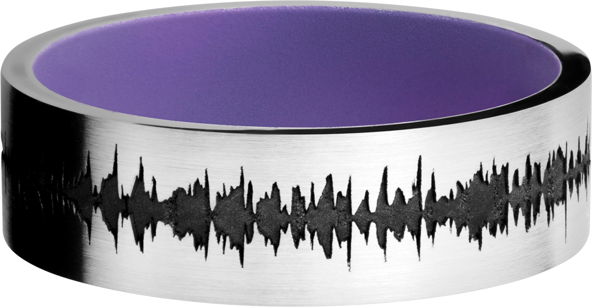 Cobalt chrome 7mm flat band with a laser-carved personalized soundwave and a Bright Purple Cerakote Sleeve