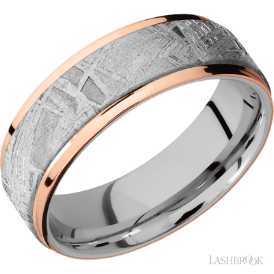 7 mm wide/Flat Grooved Edges/Cobalt Chrome band featuring inlays of Meteorite and 14K Rose Gold.