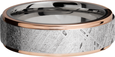 Cobalt chrome 7mm flat band with an inlay of authentic Gibeon Meteorite and 14K rose gold edges