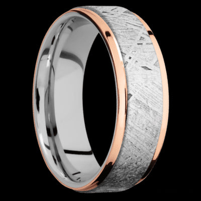7 mm wide/Flat Grooved Edges/Cobalt Chrome band featuring inlays of Meteorite and 14K Rose Gold.