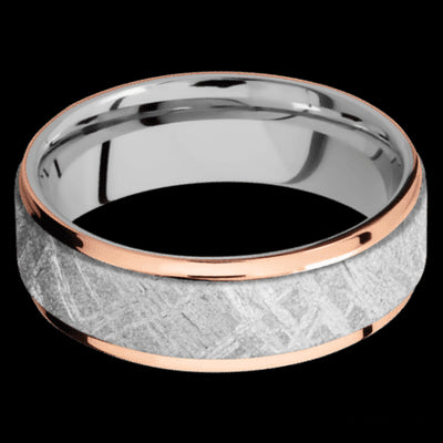 7 mm wide/Flat Grooved Edges/Cobalt Chrome band featuring inlays of Meteorite and 14K Rose Gold.
