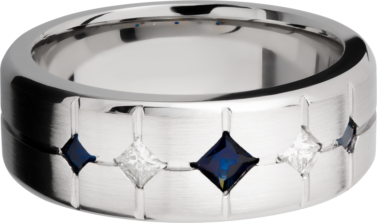 Cobalt chrome 8mm beveled band with 3 sapphires and 2 diamonds