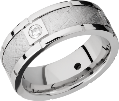 Cobalt chrome 8mm beveled band with four segments bezel-set with .07ct white diamonds in an inlay of authentic Gibeon Meteorite