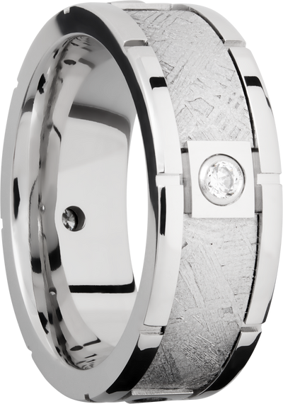 Cobalt chrome 8mm beveled band with four segments bezel-set with .07ct white diamonds in an inlay of authentic Gibeon Meteorite