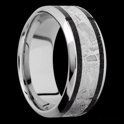 9 mm wide/High Bevel/Cobalt Chrome band featuring inlays of Dinosaur Bone Black and Meteorite.