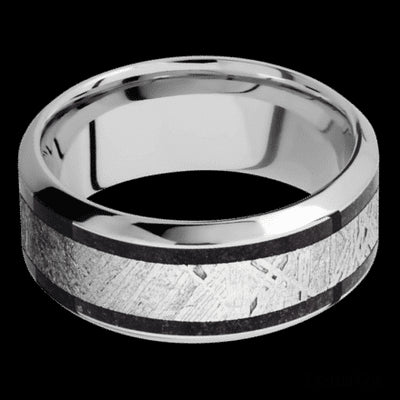 9 mm wide/High Bevel/Cobalt Chrome band featuring inlays of Dinosaur Bone Black and Meteorite.