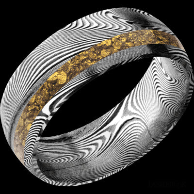 8 mm wide/Domed/Tightweave band with one 2 mm Off Center inlay of Alaskan Gold Nugget.