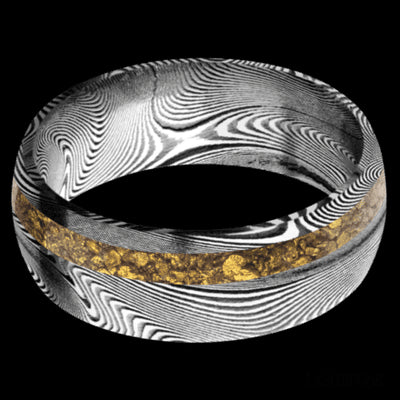8 mm wide/Domed/Tightweave band with one 2 mm Off Center inlay of Alaskan Gold Nugget.