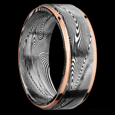 8 mm wide/Flat Grooved Edges/Tightweave band with two 1 mm Edge inlays of 14K Rose Gold.