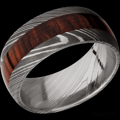 9 mm wide/Domed/Damascus band with one 4 mm Centered inlay of Cocobolo.