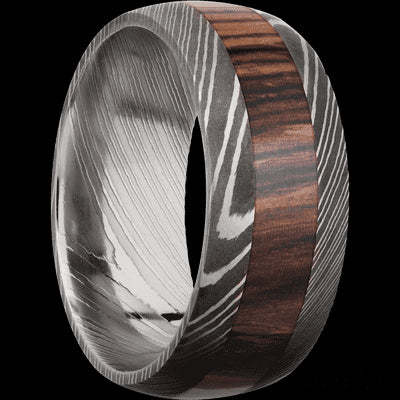 9 mm wide/Domed/Damascus band with one 4 mm Centered inlay of Cocobolo.