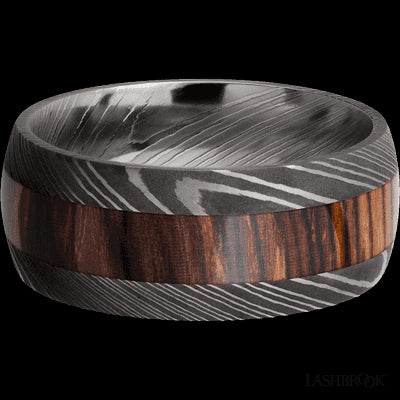 9 mm wide/Domed/Damascus band with one 4 mm Centered inlay of Cocobolo.