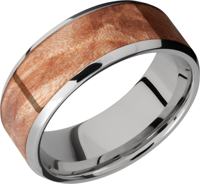 Titanium 8mm beveled band with an inlay of Mapleburl hardwood