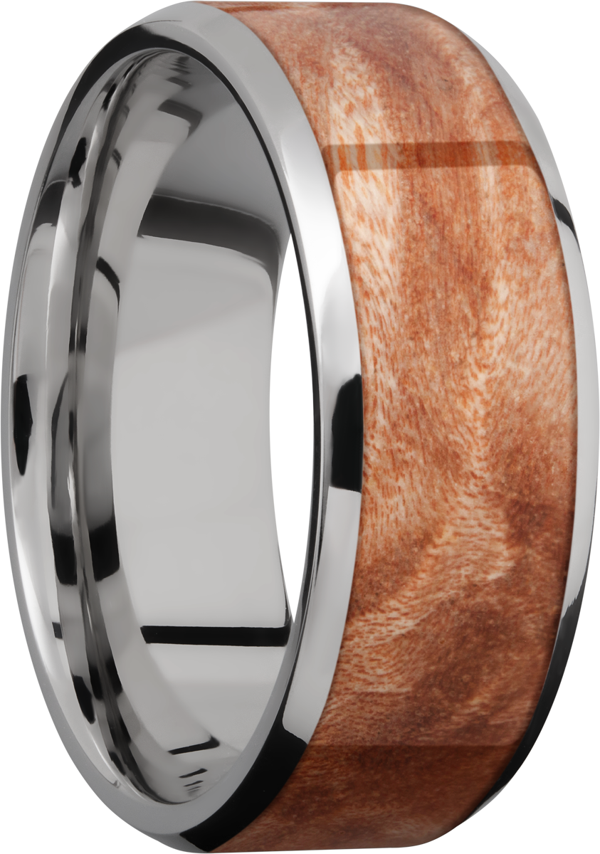 Titanium 8mm beveled band with an inlay of Mapleburl hardwood