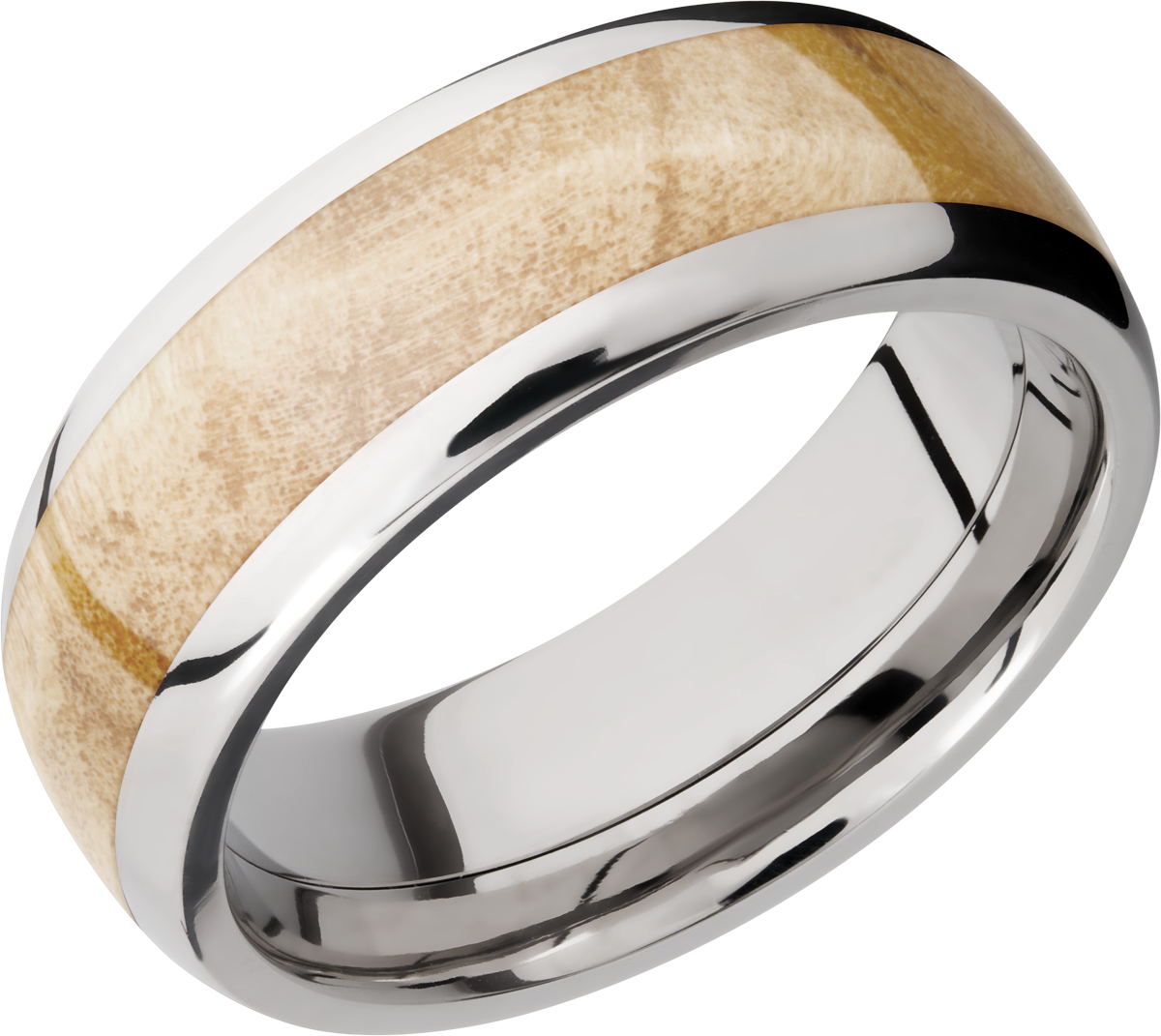 Titanium 8mm domed band with an inlay of Boxelder Burl hardwood