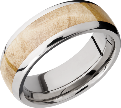 Titanium 8mm domed band with an inlay of Boxelder Burl hardwood