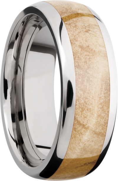 Titanium 8mm domed band with an inlay of Boxelder Burl hardwood