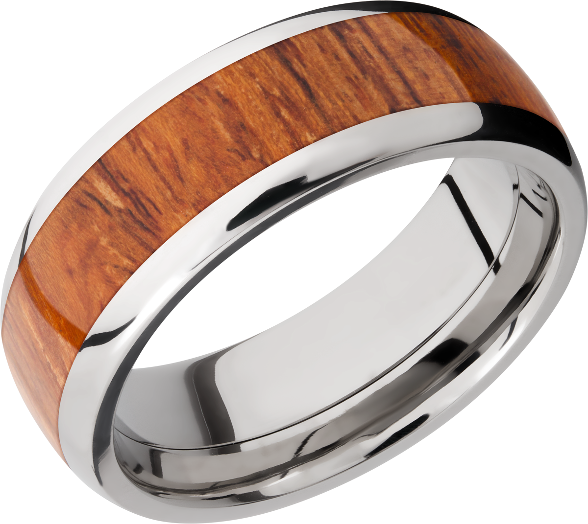 Titanium 8mm domed band with an inlay of Desert Ironwood hardwood