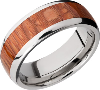 Titanium 8mm domed band with an inlay of Leopard hardwood