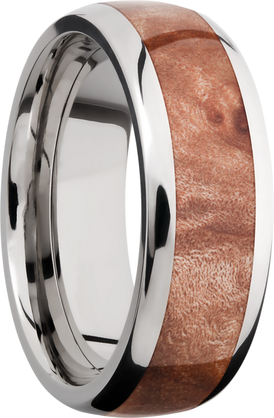 Titanium 8mm domed band with an inlay of Maple Burl hardwood